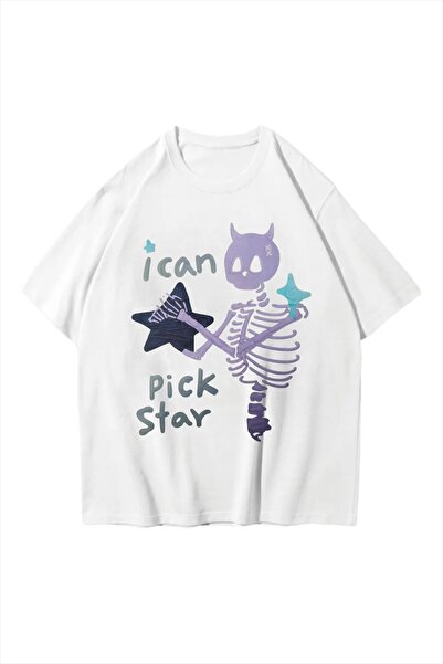 Gofeel Unisex oversized Λευκό T-Shirt με λεπτομέρεια  "I Can Pick Story "