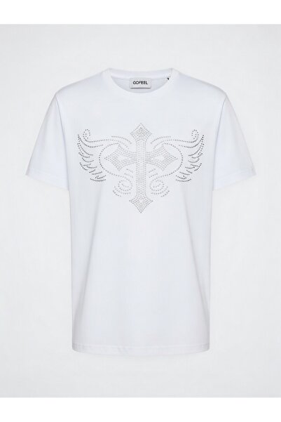 Gofeel Unisex Oversized White Tribal Wing Glitter Stone T-Shirt