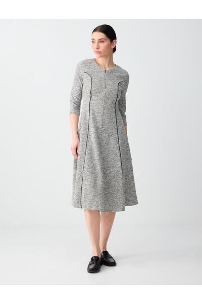 Jimmy Key Gri Melanj Dar Kesim Bisiklet Yaka Uzun Kollu Jakarlı Midi Elbise