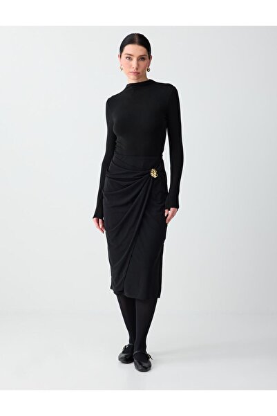 Jimmy Key Black Metal Detailed High Waist Knitted Midi Skirt