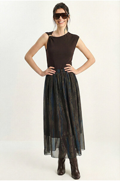 Bianco Lucci Fusta lungă din șifon pentru femei cu model cu talie elastică cu...