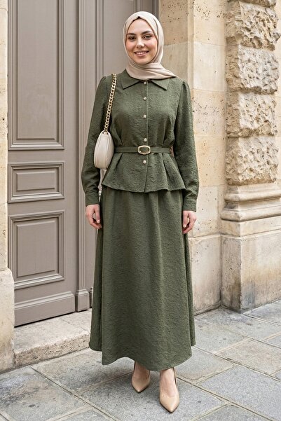 InStyle Set kaki din curea piese cu fustă și jachetă cu nasturi în față