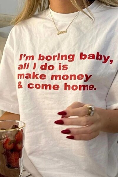 Gofeel Unisex Oversized White I’M Boring Baby Detailed T-Shirt