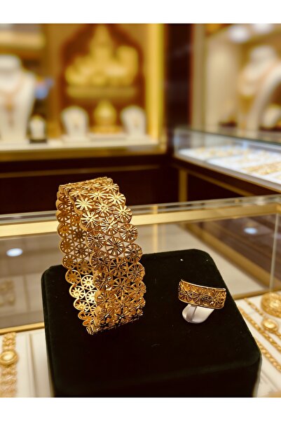 ALZAHR طقم سوار وخاتم من الذهب عيار 22 قيراط بتصميم زهور مجوفة - مجوهرات زفاف...