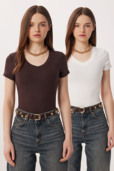 Lovelyİstanbul 2-paket V-izrez Osnovni Pleteno T-shirt LDZ0068 SMEĐA KOST