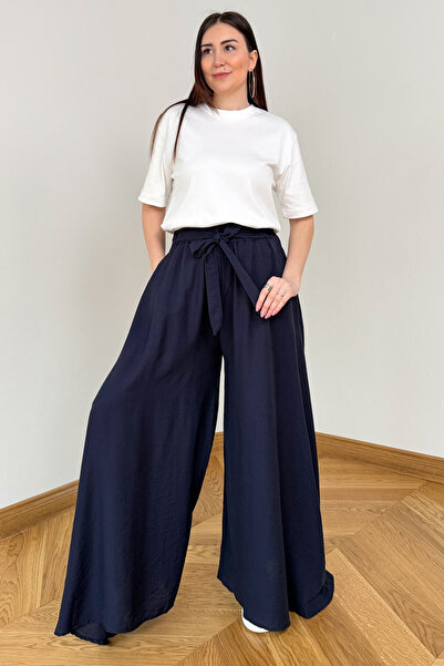 Cappmoda PNT-7671 Lacivert Bağlama Detaylı Cepli Dokuma Şalvar Pantolon