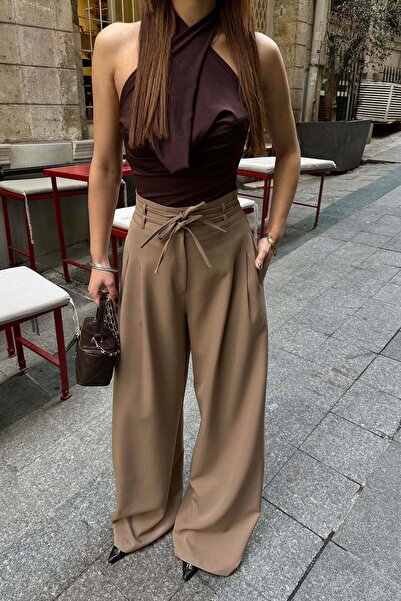 MyLoore Women's Camel High Waist Belted Wide-Leg Palazzo Pants Mlb145