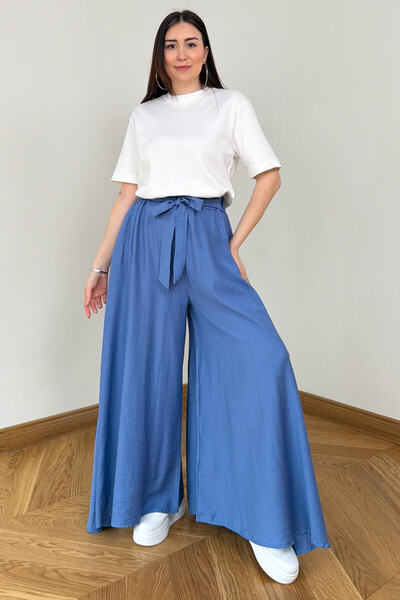 Cappmoda PNT-7671 Bebe Mavi Bağlama Detaylı Cepli Dokuma Şalvar Pantolon