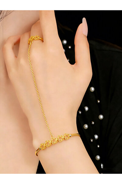 ALZAHR سوار أنيق مطلي بالذهب بتصميم زهور وسلسلة يد مع خاتم - مجوهرات زفاف رقي...