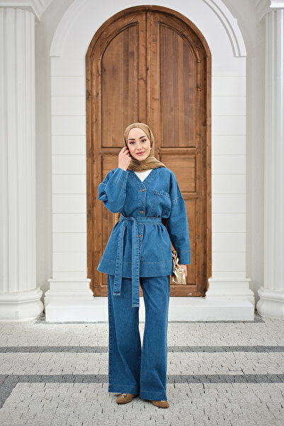 LOCCO Women's Pocket Detail Waist Tie Jeans Set Blue