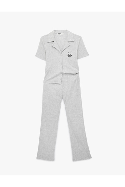 Koton Croială confortabilă guler de cămașă pisică Set de pijamale cu mânecă s...