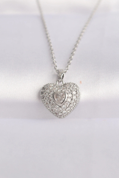 shopwave 316L Steel Chain Silver Color Zircon Stone Heart Necklace