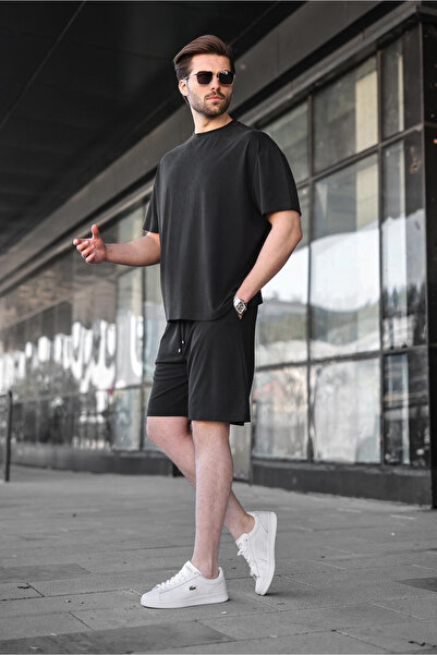 Madmext Black Tensel Fabric Men's Shorts T-Shirt Set E7349