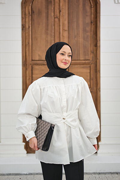 LOCCO Women's Corsage Belt Detail Ruched Shirt White