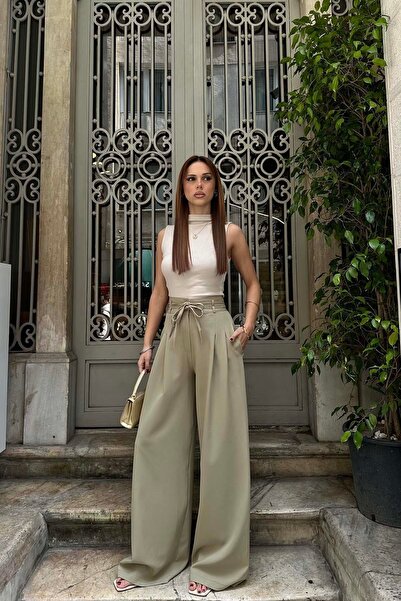 MyLoore Kaki pentru femei talie înaltă cu curea wide-leg pantaloni palazzo ML...