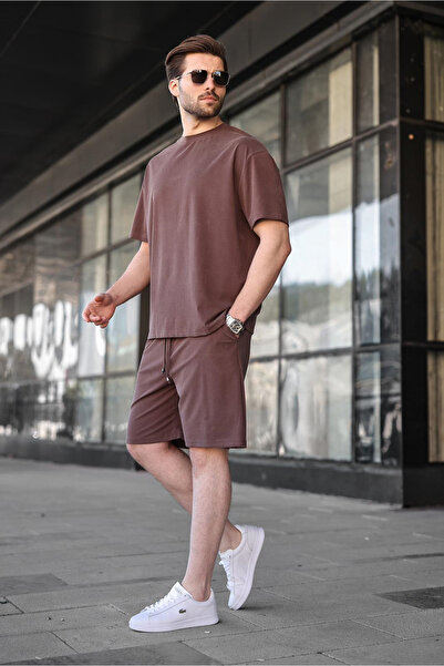 Madmext Brown Tencel Fabric Men's Shorts T-Shirt Set E7349
