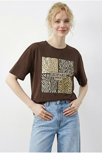 Bianco Lucci Γυναικείο T-Shirt με λεπτομέρειες από πέτρα Με λεοπάρ τύπωμα με ...