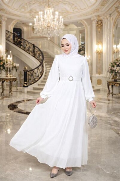 Neşeli Butik γυναικείο λευκό υφασμάτινο φόρεμα Τούλι Με λεπτομέρεια ζώνης plu...