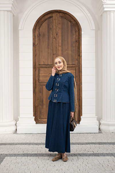 LOCCO Set de blugi pentru femei cu fustă guler rotund cu nasturi, bleumarin