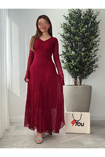 Generic A red lace dress with a shiny and elegant design.
