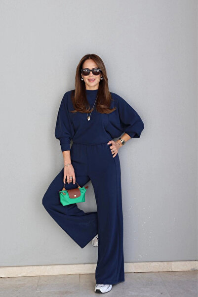 Purple by Banu طقم بدلة رياضية بأكمام على شكل خفاش باللون الأزرق الداكن