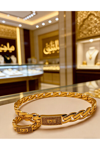 ALZAHR طقم سلسلة كوبية فاخرة مطلية بالذهب، سوار وخاتم نسائي