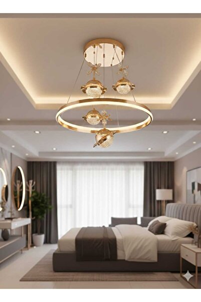 CanAydınlatma Gold ÇİFT ÇEMBER 4'Lü Papatya Sarkıt 3 Renk LED Ayarlanbilir Ba...