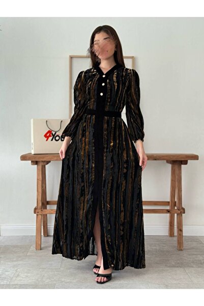 Generic Black dress with a gold velvet pattern and front buttons