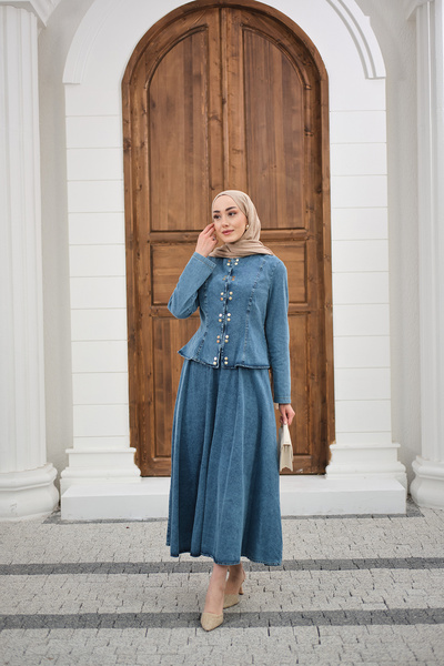 LOCCO Women's Snap-On Crew Neck Skirted Denim Set Ice Blue