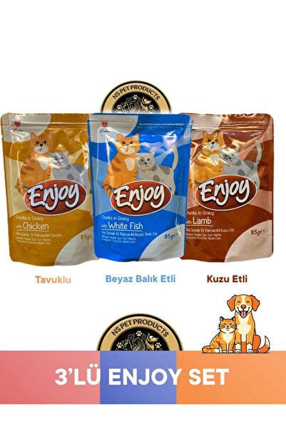 Enjoy Pouch Sos İçinde Et Parçacıklı Kuzu Etli/ Tavuklu/ Beyaz Balıklı Yaş Ke...