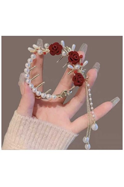 Daily Bazaar Κλιπ μαλλιών με κόκκινο τριαντάφυλλο χρυσό μεταλλικό κρυστάλλινο...