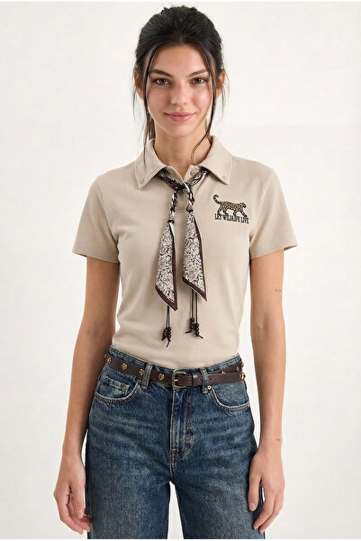 Bianco Lucci Eșarfă cu broderie tigru pentru femei, cu guler polo tricou 3501...