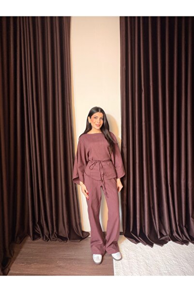 LOISY Γυναικείο σετ oversized κιμονό με μανίκια, Με δέσιμο μπλούζα & Φαρδιά μ...