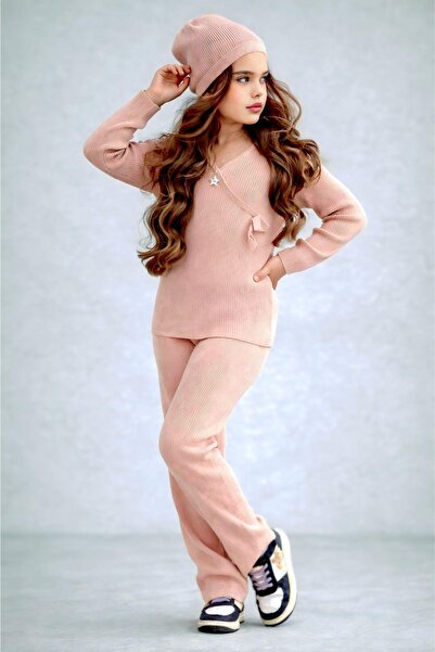 Riccotarz Κοριτσίστικο Σετ Πλεκτό Μπερέ κοτλέ με Δώρο, Πουδρέ Σετ Πάνω-Κάτω Μ...