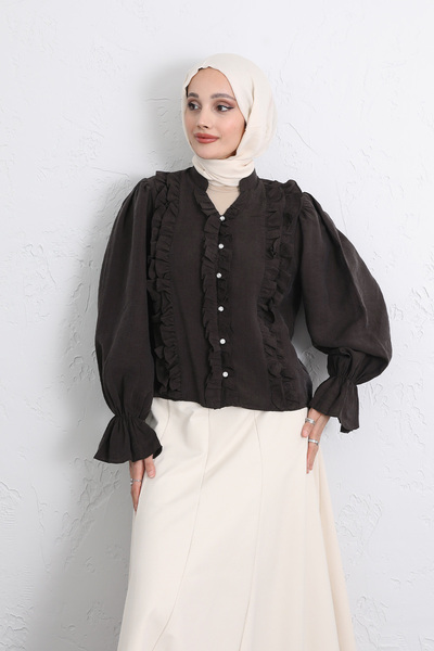 Salih Çelebi Striped Ruffled Buttoned Shirt Y0096 - Dark Brown