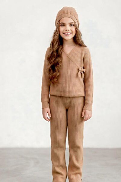 Riccotarz Κοριτσίστικο Σετ Πλεκτό κοτλέ τεμαχίων με Δώρο Μπερέ, Καφέ Σετ Πάνω...