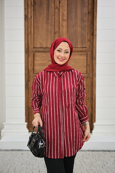 LOCCO Cămașă groasă de damă cu detalii cu dungi Roșu Claret