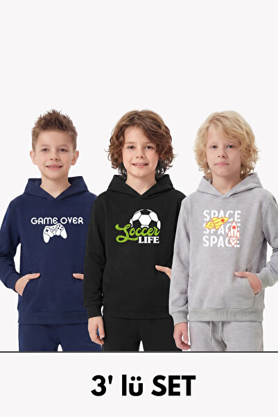 FYK COLLECTİON 3'lü cu glugă și Kanguru cu detaliu la buzunar cu imprimeu Han...