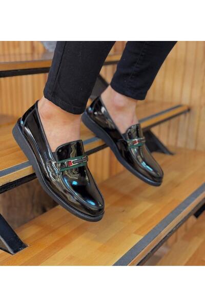 Parlak Şeritli Tokalı Hakiki Deri Eva Taban Ayakkabı