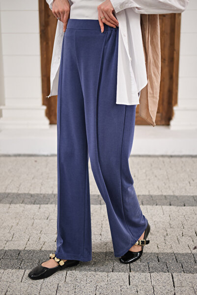 LOCCO Pantaloni elastici de damă cu detaliu șicură la față, albastru indigo