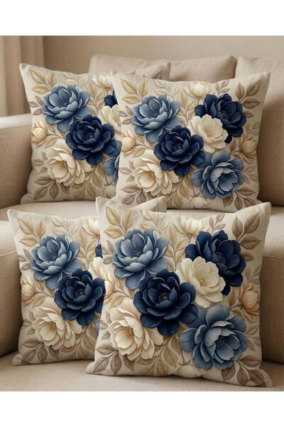 menesahome Punch Embroidery Look Blue Flower Themed 3D Digital Print Set of C...