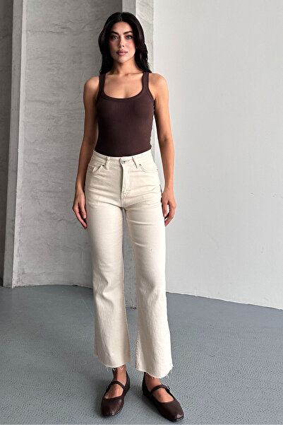 macharel jeans Beige Boy Fit Cut-Cut Jeans