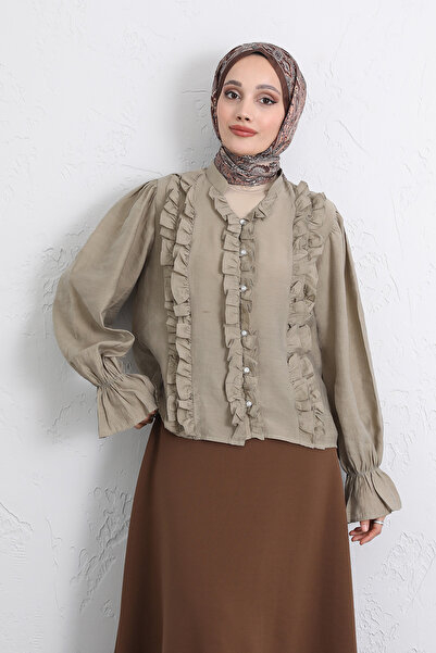Salih Çelebi Striped Ruffled Buttoned Shirt Y0096 - Khaki