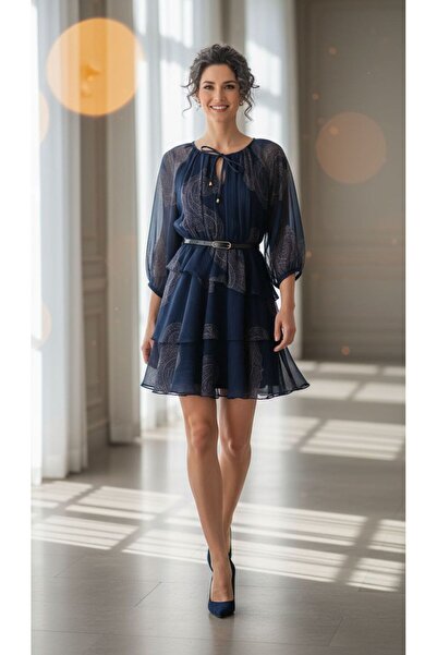 dml giyim Asimetrik kesim kat kat etekli desenli şifon elbise