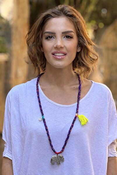 Nevin Kaya Moda Purple Color Silver Elephant Accessory Necklace