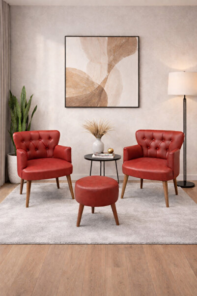 Azra Mobilya Roma 2'li Berjer Koltuk Takımı ve Puf Seti - Ahşap Ayaklı Deri B...