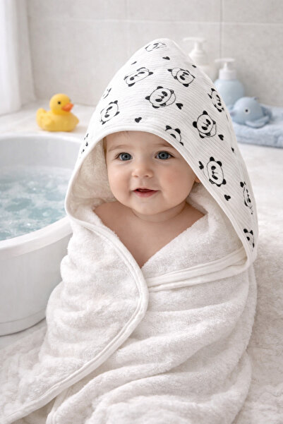 OMY Hearted Panda Soft & Water Absorbent Baby Swaddle Towel Model with Headbo...