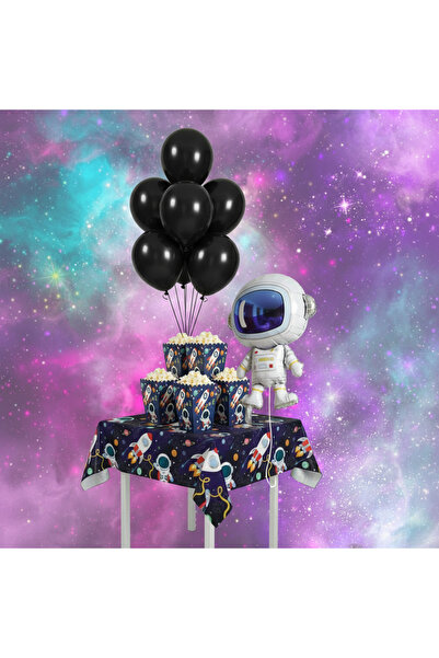 Umamiçe Uzay Party Set – 10 Black Balloons + 8-Piece Corn Box + Foil Balloon ...