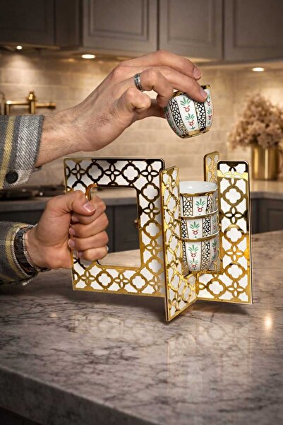 LAZORİAE حامل فناجين القهوة العربية الخشبي المزخرف من البليكسي