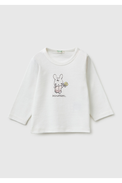 United Colors of Benetton Bebek Beyaz Su Bazlı Logo Baskılı Omzu Gizli Çıtçıt...